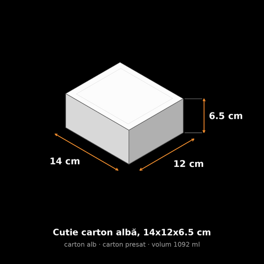 Cutie carton albă, 14x12x6.5 cm – schemă cu dimensiuni