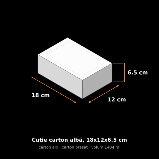 Cutie carton albă, 18x12x6.5 cm – schemă cu dimensiuni