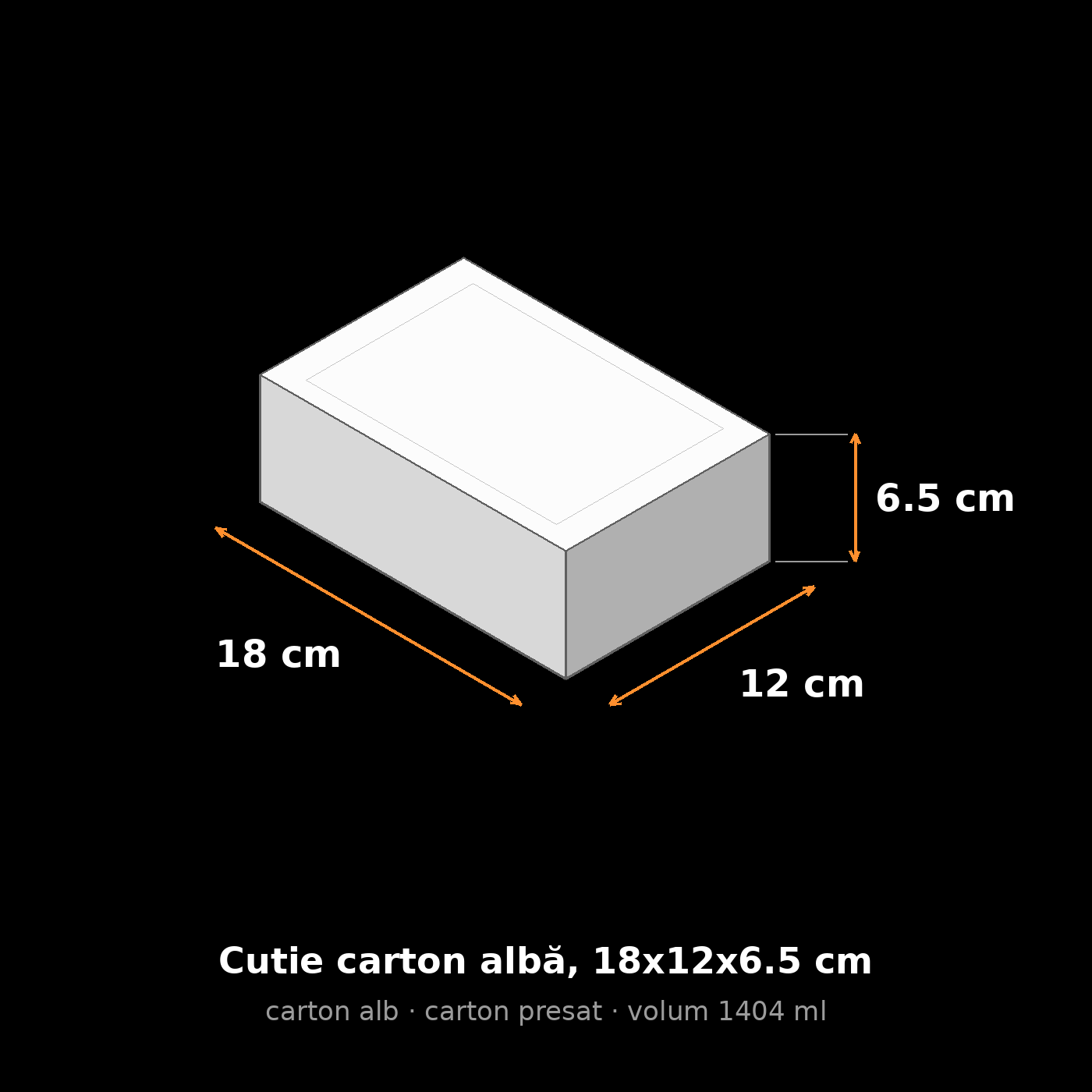 Cutie carton albă, 18x12x6.5 cm – schemă cu dimensiuni