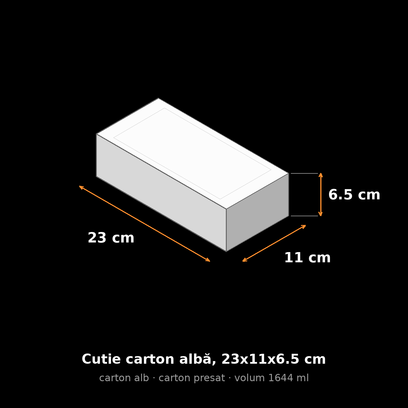 Cutie carton albă, 23x11x6.5 cm – schemă cu dimensiuni