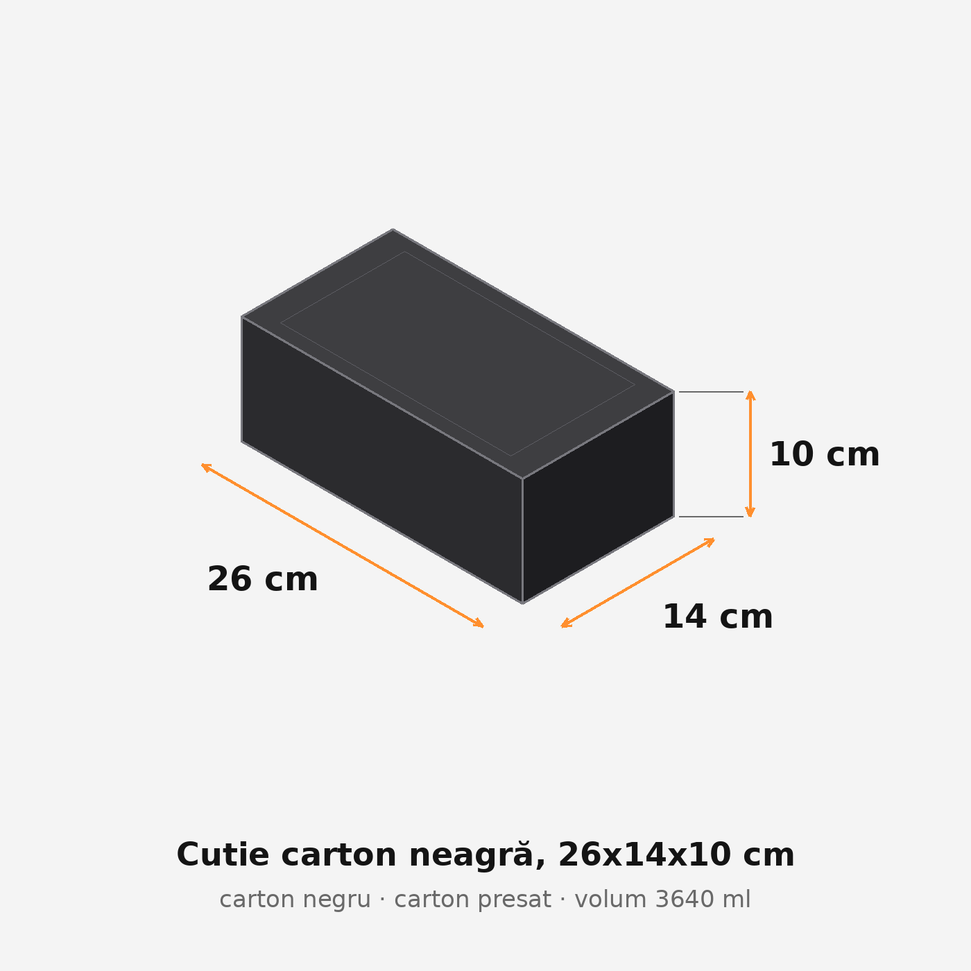 Cutie carton neagră, 26x14x10 cm – schemă cu dimensiuni
