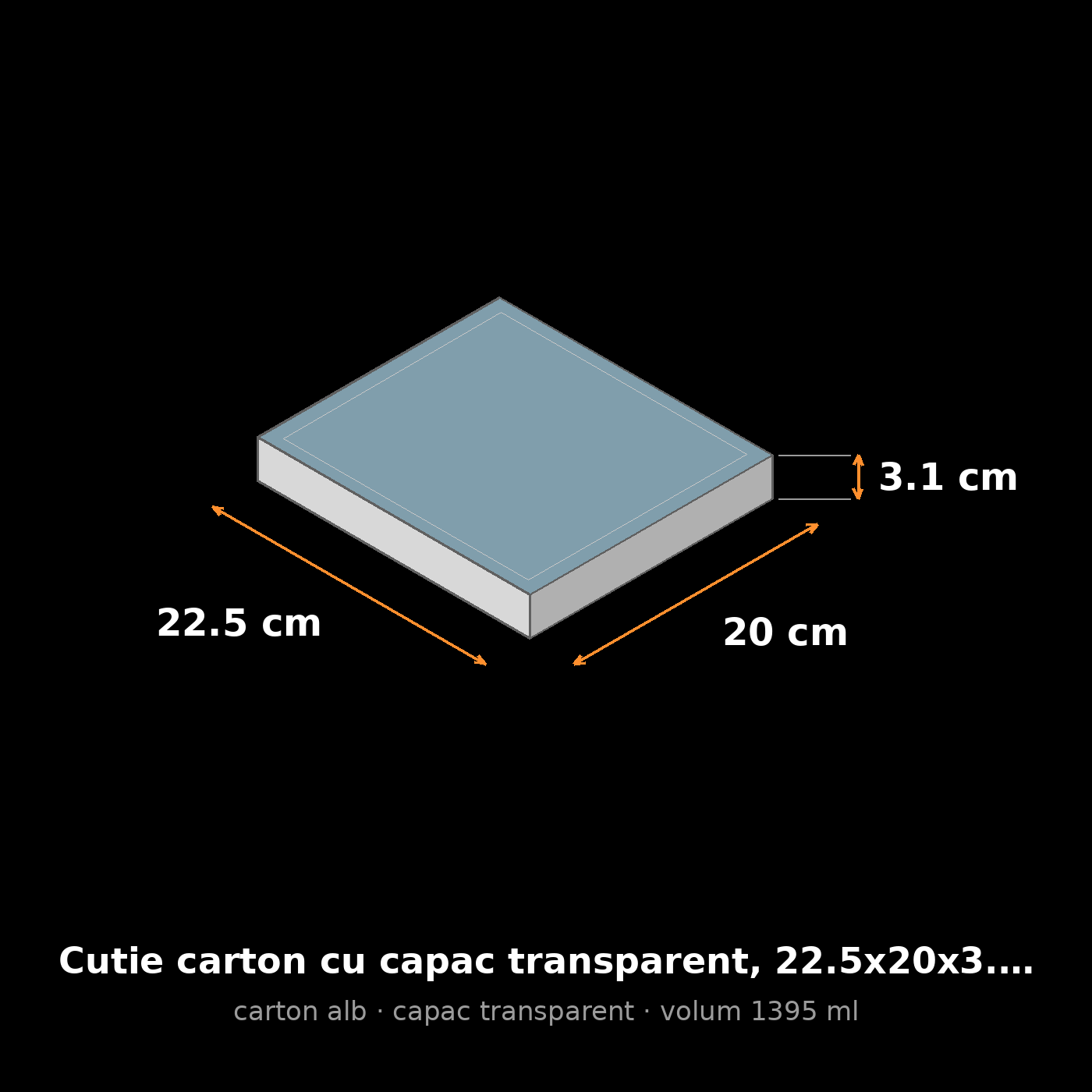Cutie carton albă cu capac transparent, 22.5x20x3.1 cm – schemă cu dimensiuni