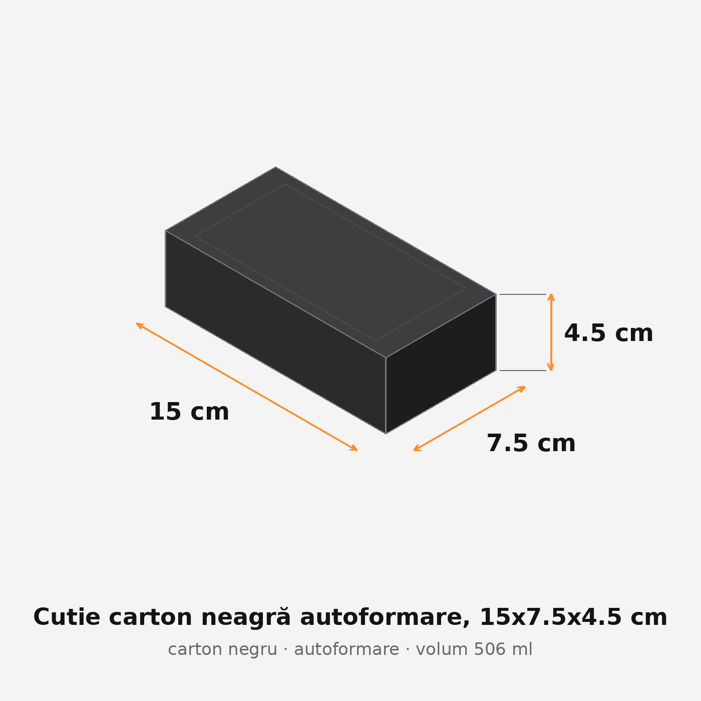 Cutie carton neagră autoformare, 15x7.5x4.5 cm – schemă cu dimensiuni
