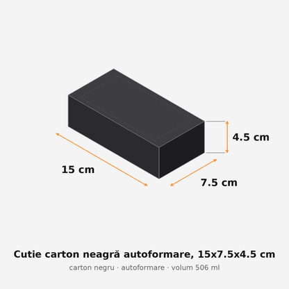 Cutie carton neagră autoformare, 15x7.5x4.5 cm – schemă cu dimensiuni