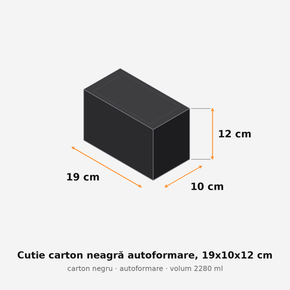 Cutie carton neagră autoformare, 19x10x12 cm – schemă cu dimensiuni