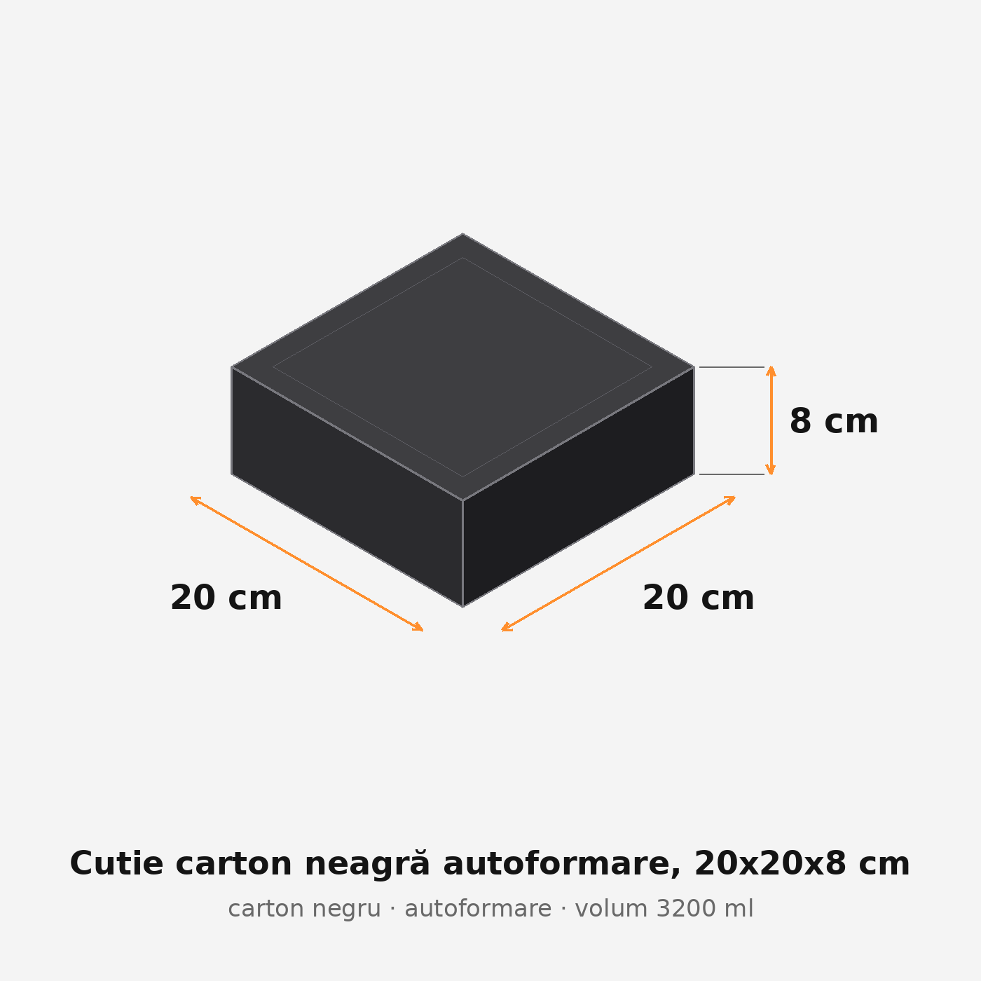 Cutie carton neagră autoformare, 20x20x8 cm – schemă cu dimensiuni