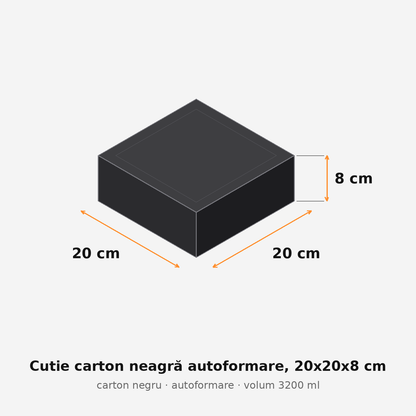 Cutie carton neagră autoformare, 20x20x8 cm – schemă cu dimensiuni