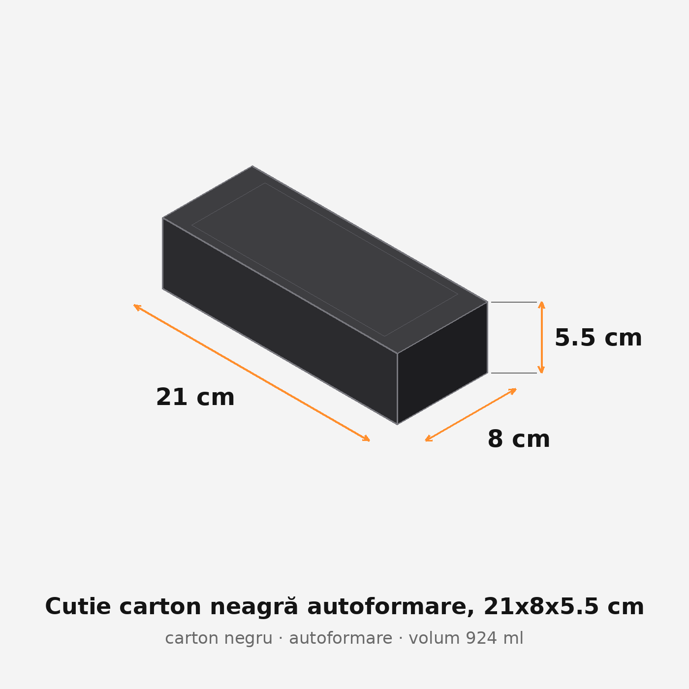 Cutie carton neagră autoformare, 21x8x5.5 cm – schemă cu dimensiuni