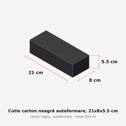 Cutie carton neagră autoformare, 21x8x5.5 cm – schemă cu dimensiuni