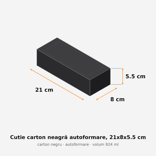 Cutie carton neagră autoformare, 21x8x5.5 cm – schemă cu dimensiuni