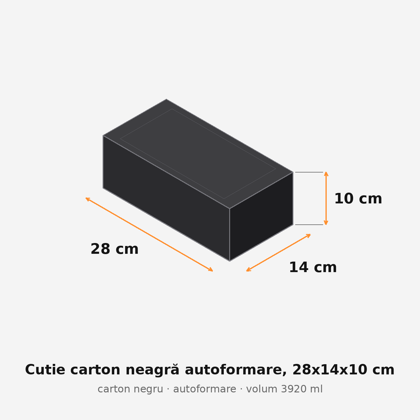 Cutie carton neagră autoformare, 28x14x10 cm – schemă cu dimensiuni