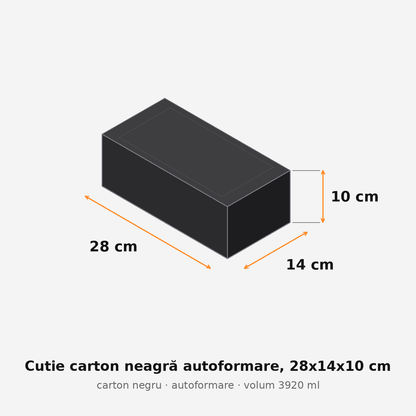 Cutie carton neagră autoformare, 28x14x10 cm – schemă cu dimensiuni