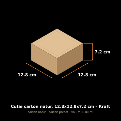 Cutie carton natur, 12.8x12.8x7.2 cm – schemă cu dimensiuni