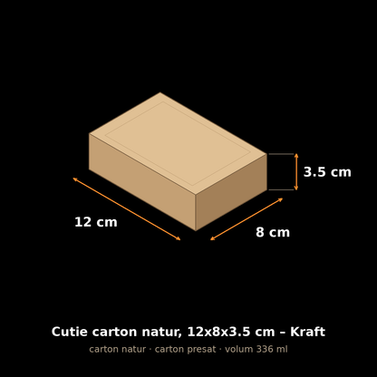 Cutie carton natur, 12x8x3.5 cm – schemă cu dimensiuni