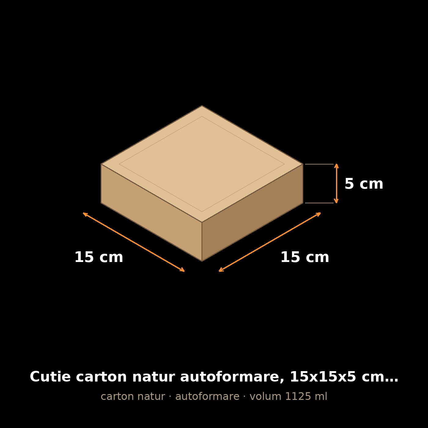 Cutie carton natur autoformare, 15x15x5 cm – schemă cu dimensiuni