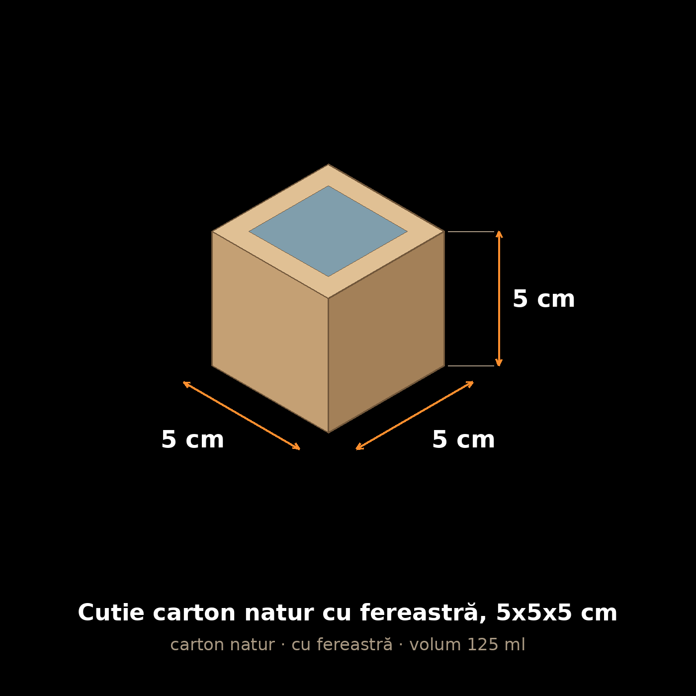 Cutie carton natur cu fereastră, 5x5x5 cm – schemă cu dimensiuni