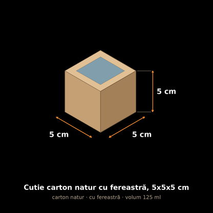 Cutie carton natur cu fereastră, 5x5x5 cm – schemă cu dimensiuni