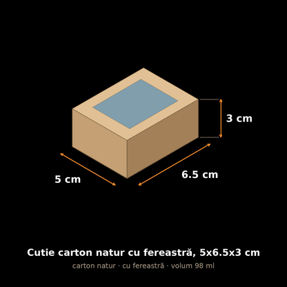Cutie carton natur cu fereastră, 5x6.5x3 cm – schemă cu dimensiuni
