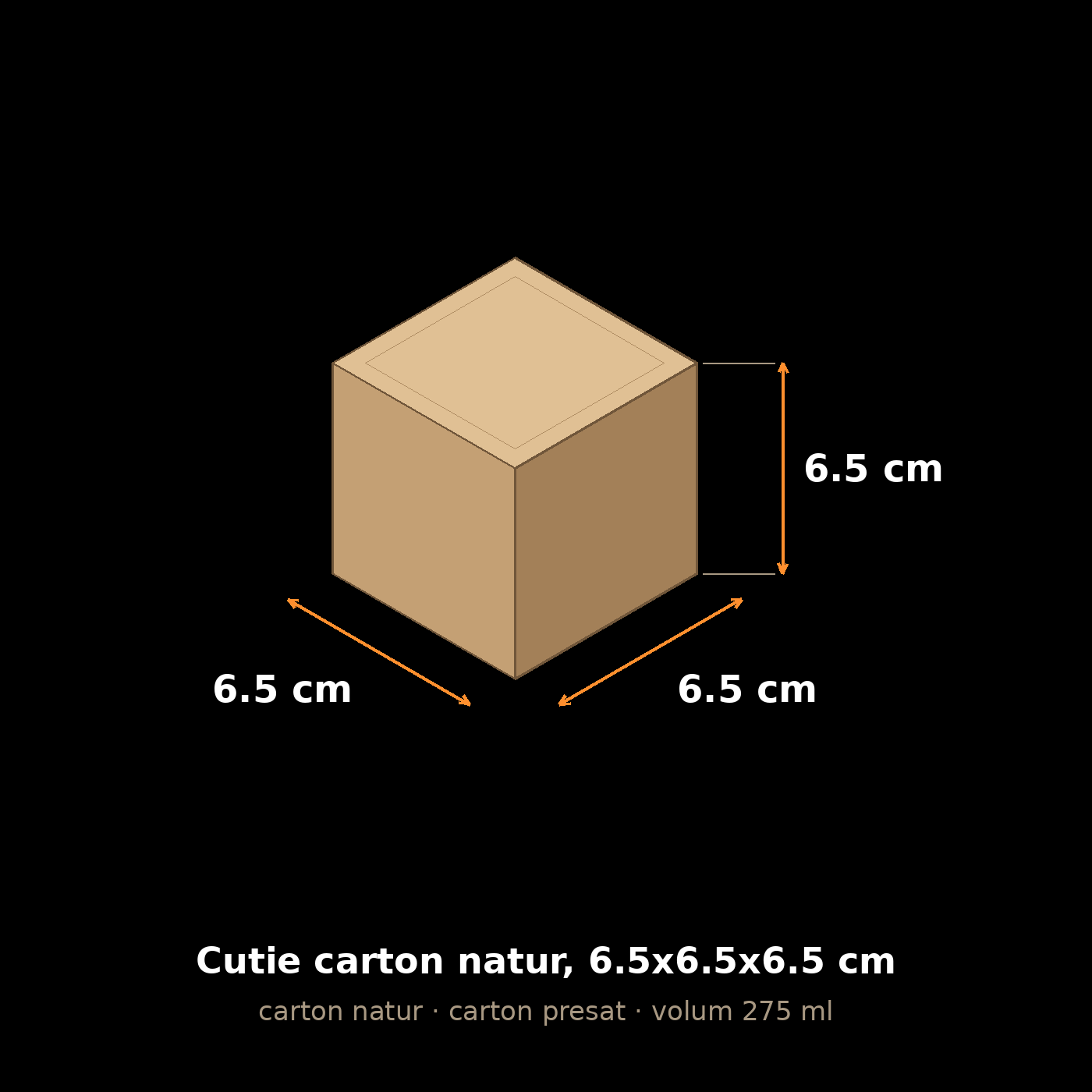 Cutie carton natur, 6.5x6.5x6.5 cm – schemă cu dimensiuni