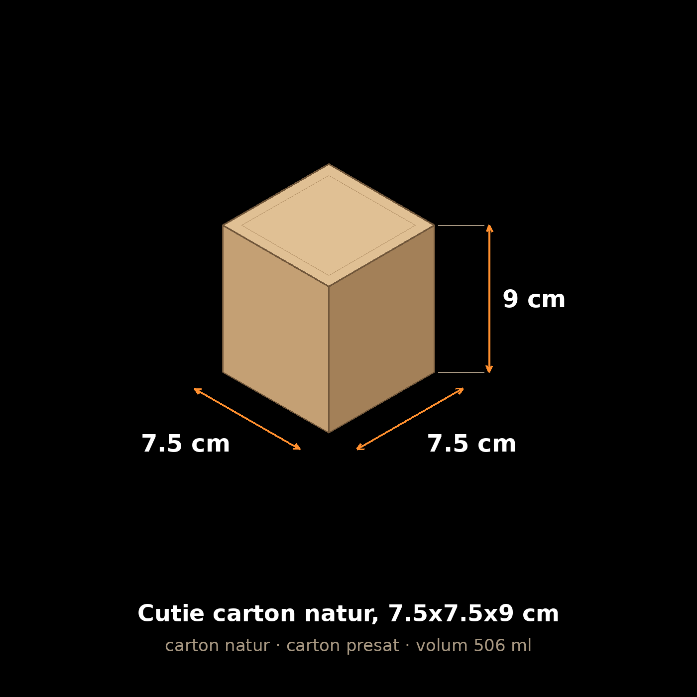 Cutie carton natur, 7.5x7.5x9 cm – schemă cu dimensiuni