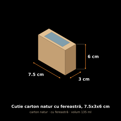 Cutie carton natur cu fereastră, 7.5x3x6 cm – schemă cu dimensiuni