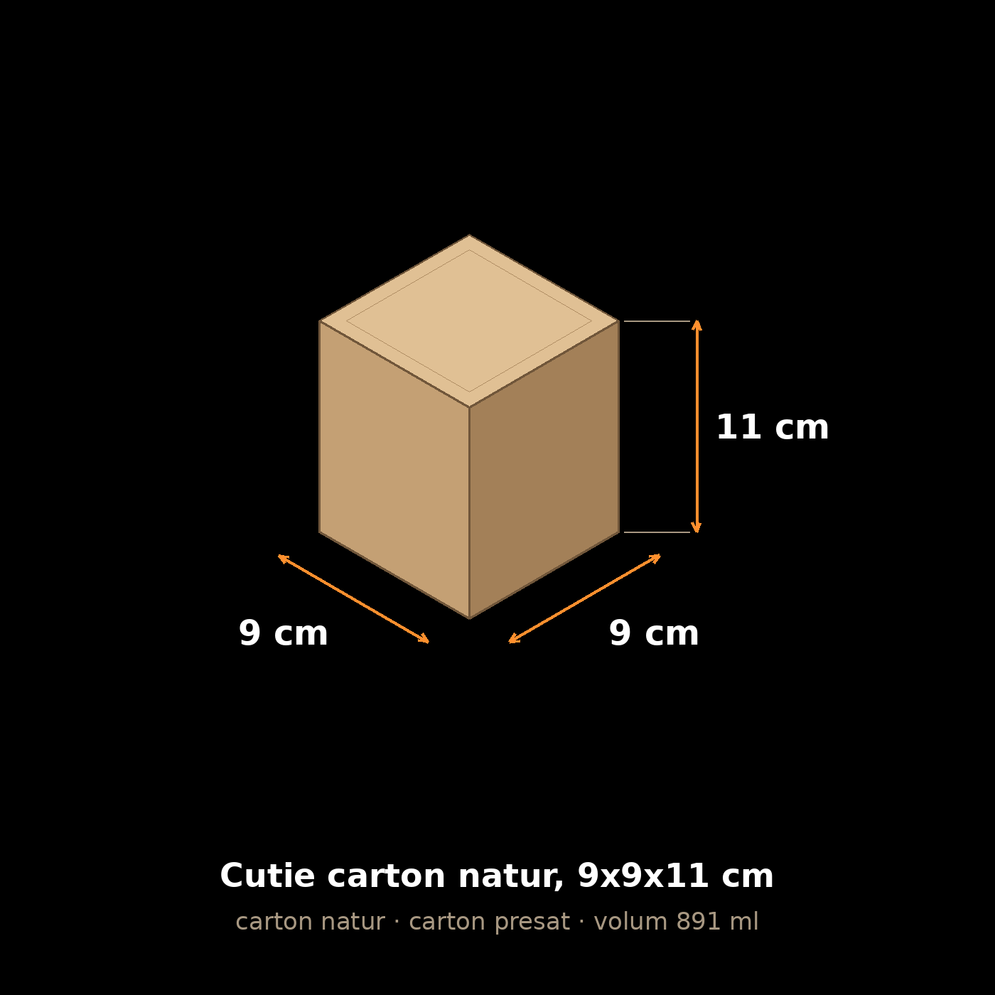 Cutie carton natur, 9x9x11 cm – schemă cu dimensiuni