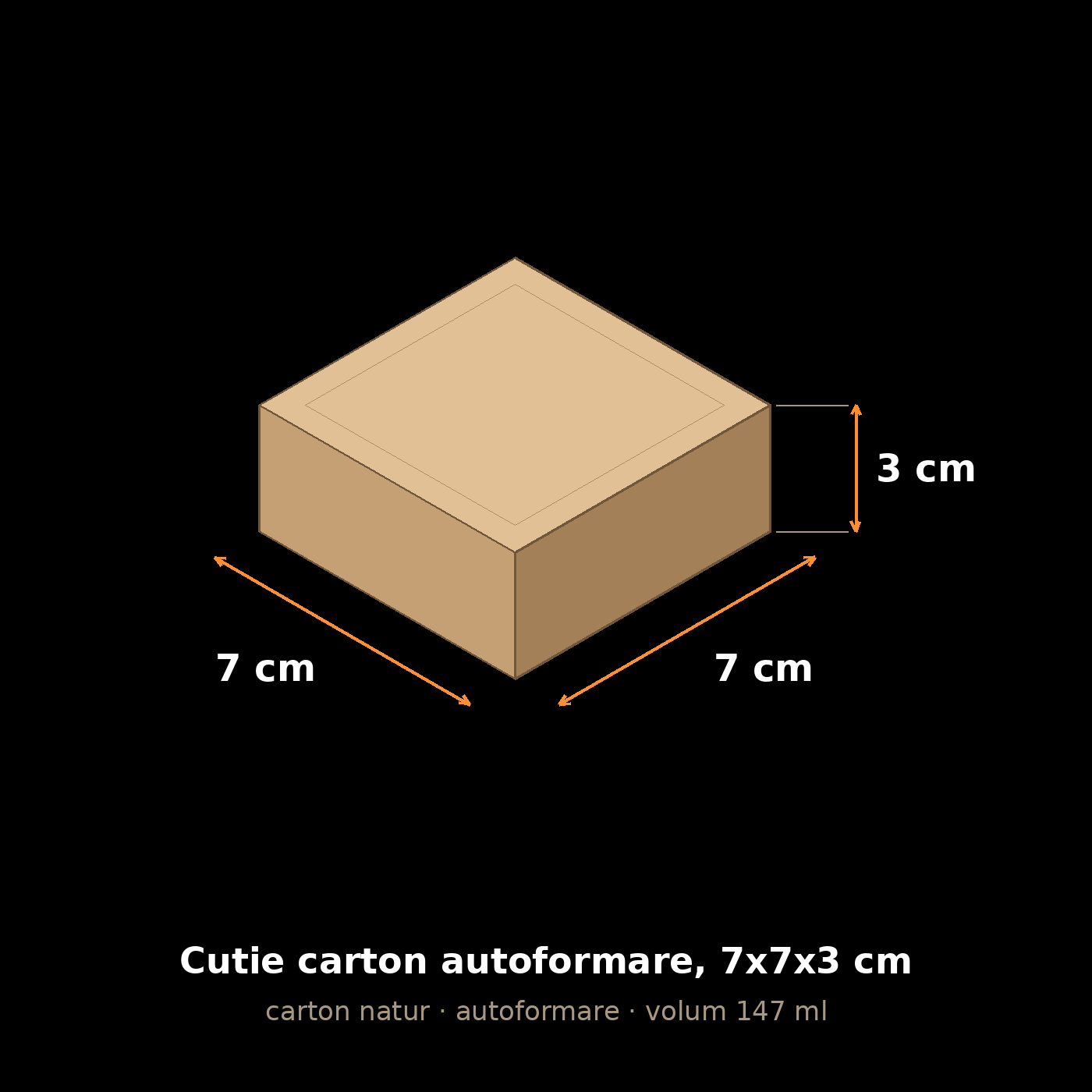 Cutie carton natur autoformare, 7x7x3 cm – schemă cu dimensiuni