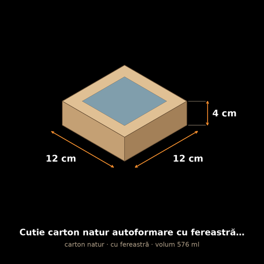 Cutie carton natur cu fereastră, 12x12x4 cm – schemă cu dimensiuni