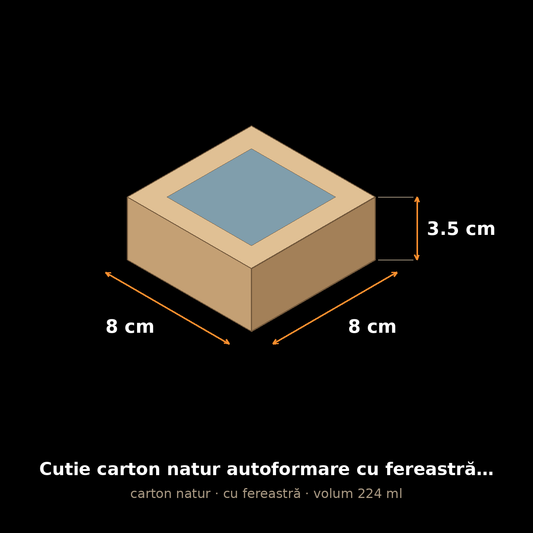 Cutie carton natur cu fereastră, 8x8x3.5 cm – schemă cu dimensiuni