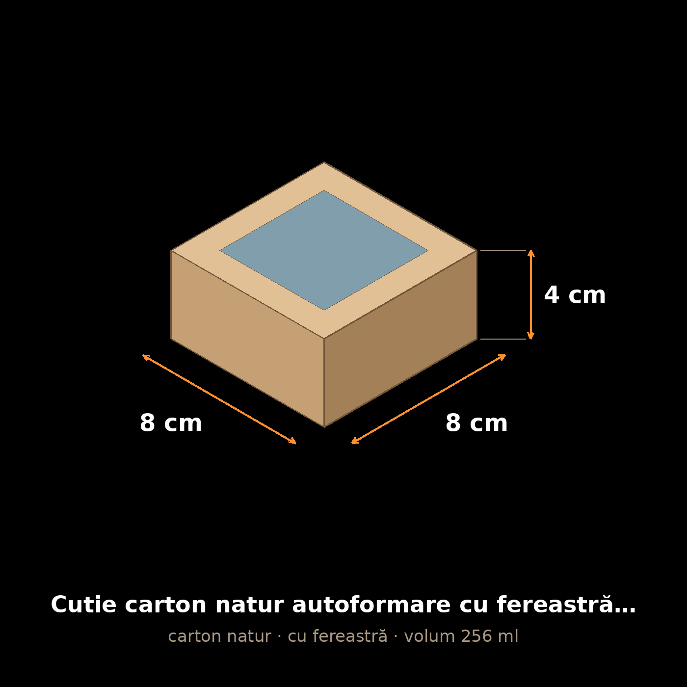 Cutie carton natur cu fereastră, 8x8x4 cm – schemă cu dimensiuni