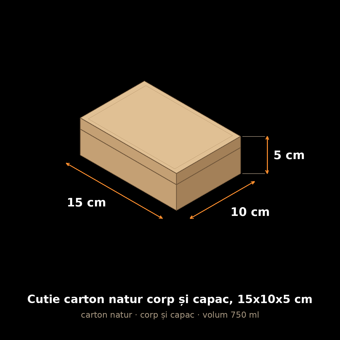 Cutie carton natur corp și capac, 15x10x5 cm – schemă cu dimensiuni