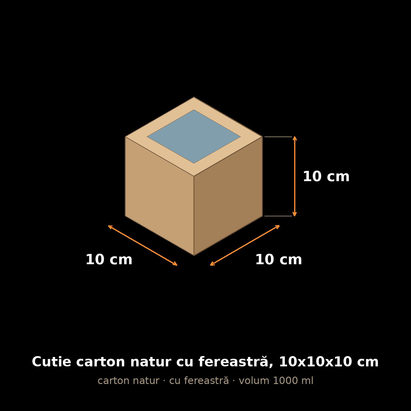 Cutie carton natur cu fereastră, 10x10x10 cm – schemă cu dimensiuni