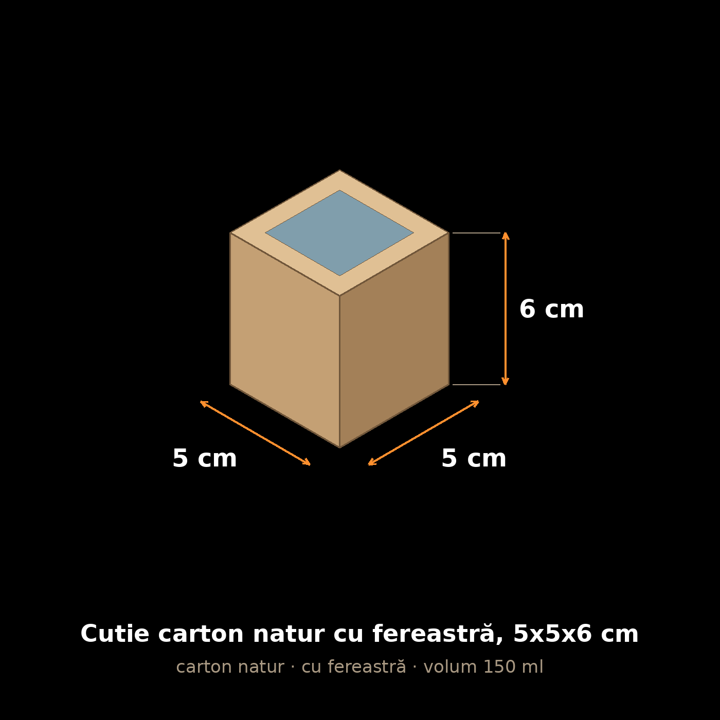 Cutie carton natur cu fereastră, 5x5x6 cm – schemă cu dimensiuni