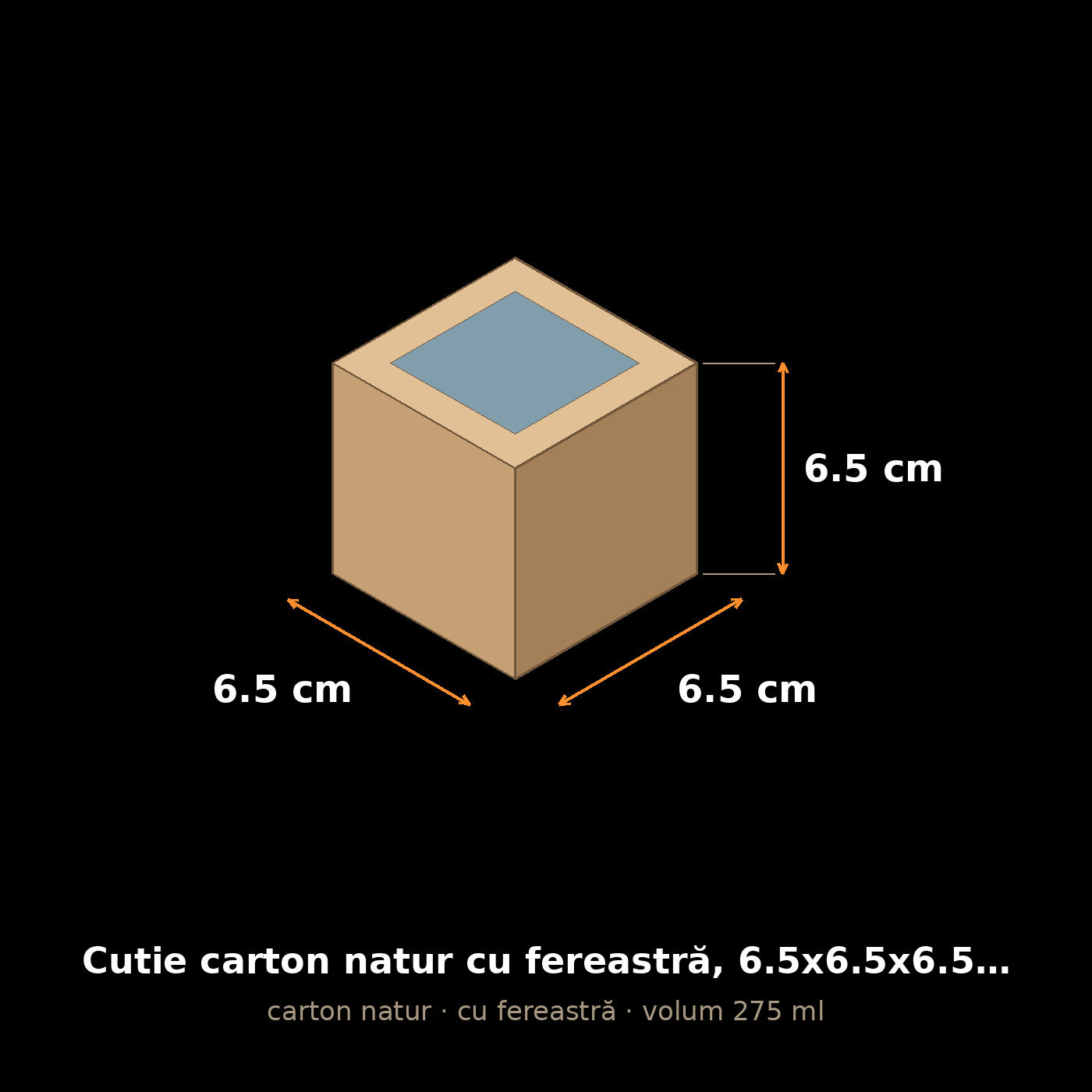 Cutie carton natur cu fereastră, 6.5x6.5x6.5 cm – schemă cu dimensiuni