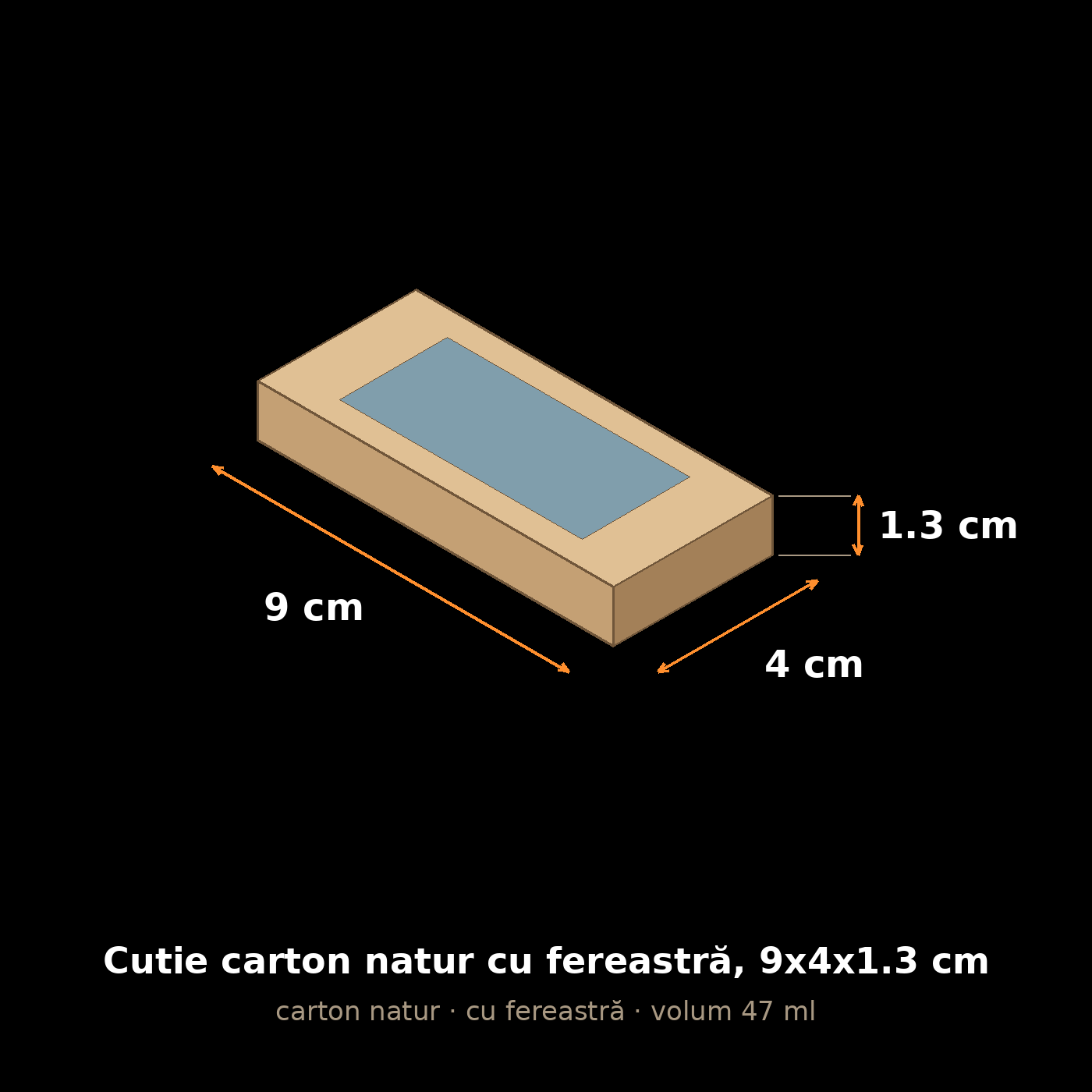 Cutie carton natur cu fereastră, 9x4x1.3 cm – schemă cu dimensiuni