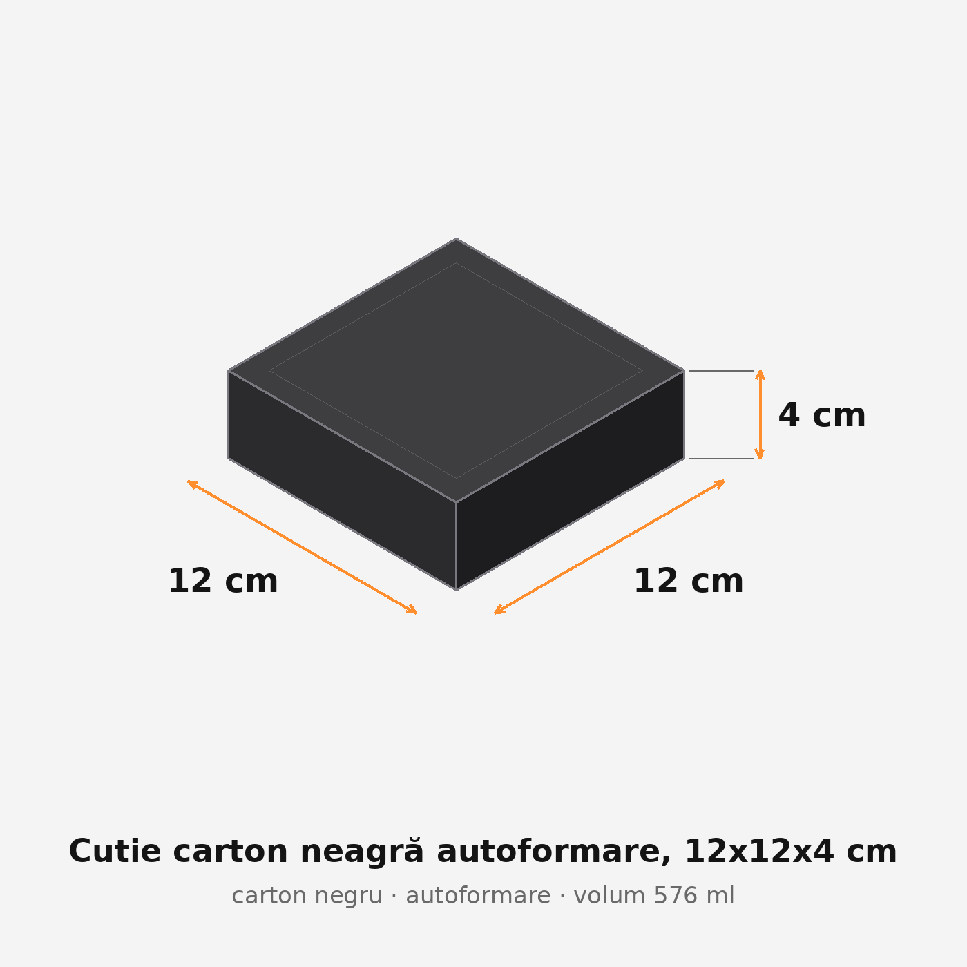 Cutie carton neagră autoformare, 12x12x4 cm – schemă cu dimensiuni
