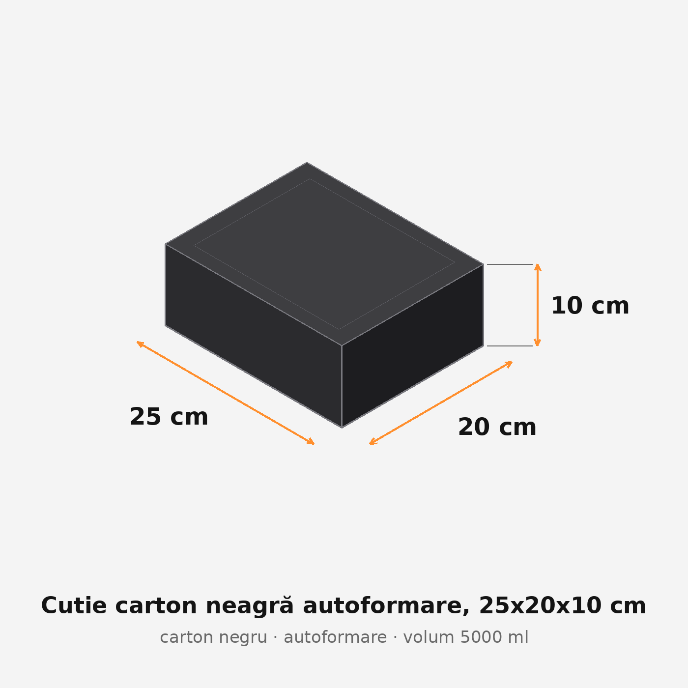 Cutie carton neagră autoformare, 25x20x10 cm – schemă cu dimensiuni