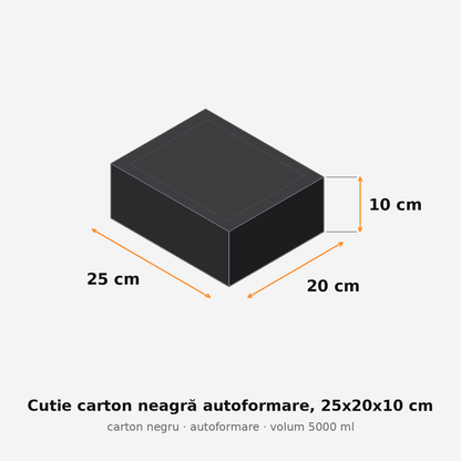 Cutie carton neagră autoformare, 25x20x10 cm – schemă cu dimensiuni