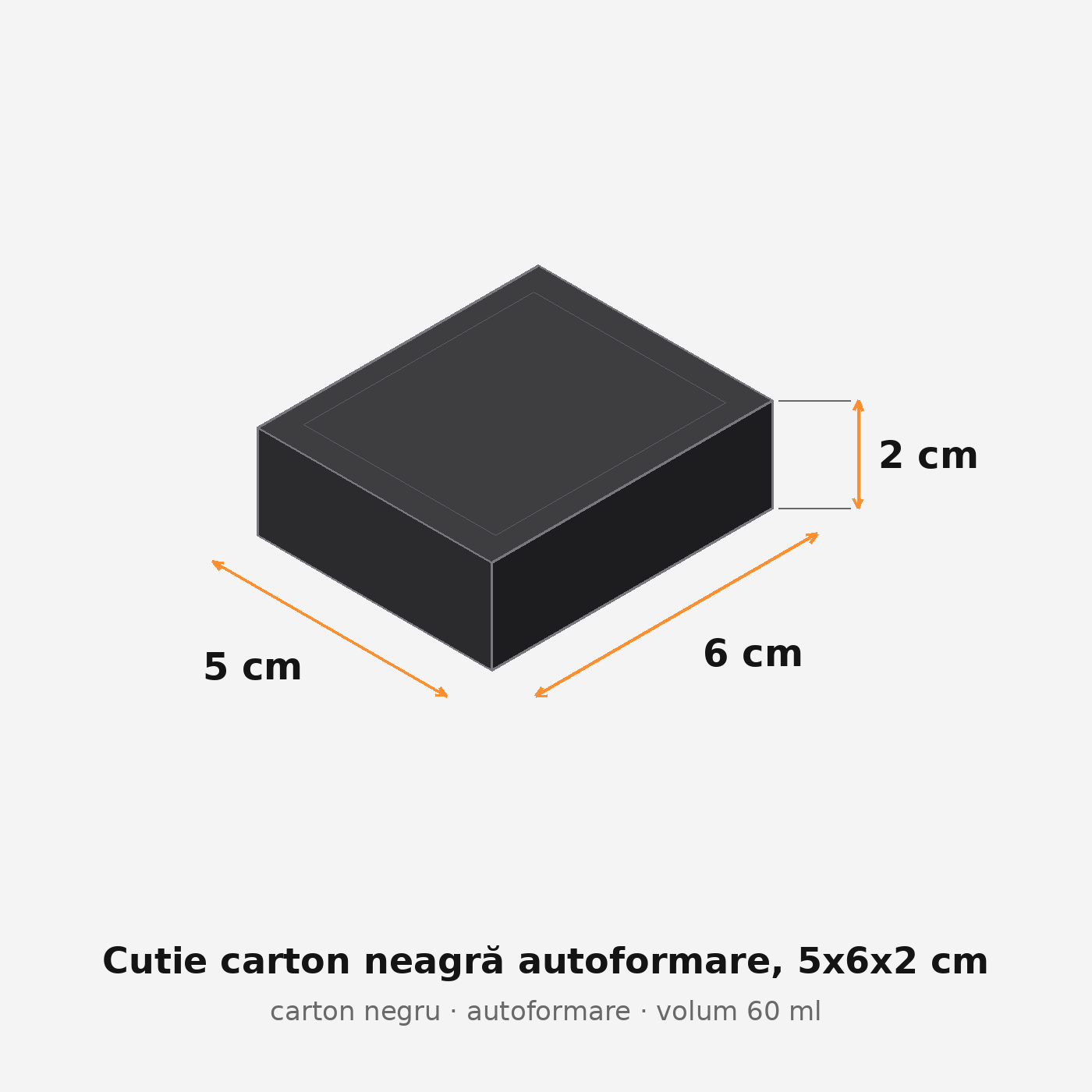Cutie carton neagră autoformare, 5x6x2 cm – schemă cu dimensiuni