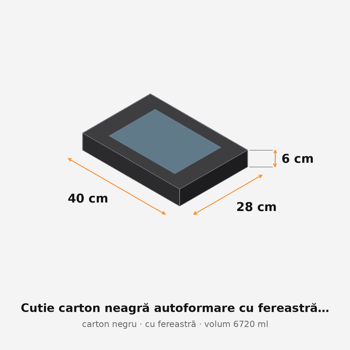 Cutie carton neagră cu fereastră, 40x28x6 cm – schemă cu dimensiuni
