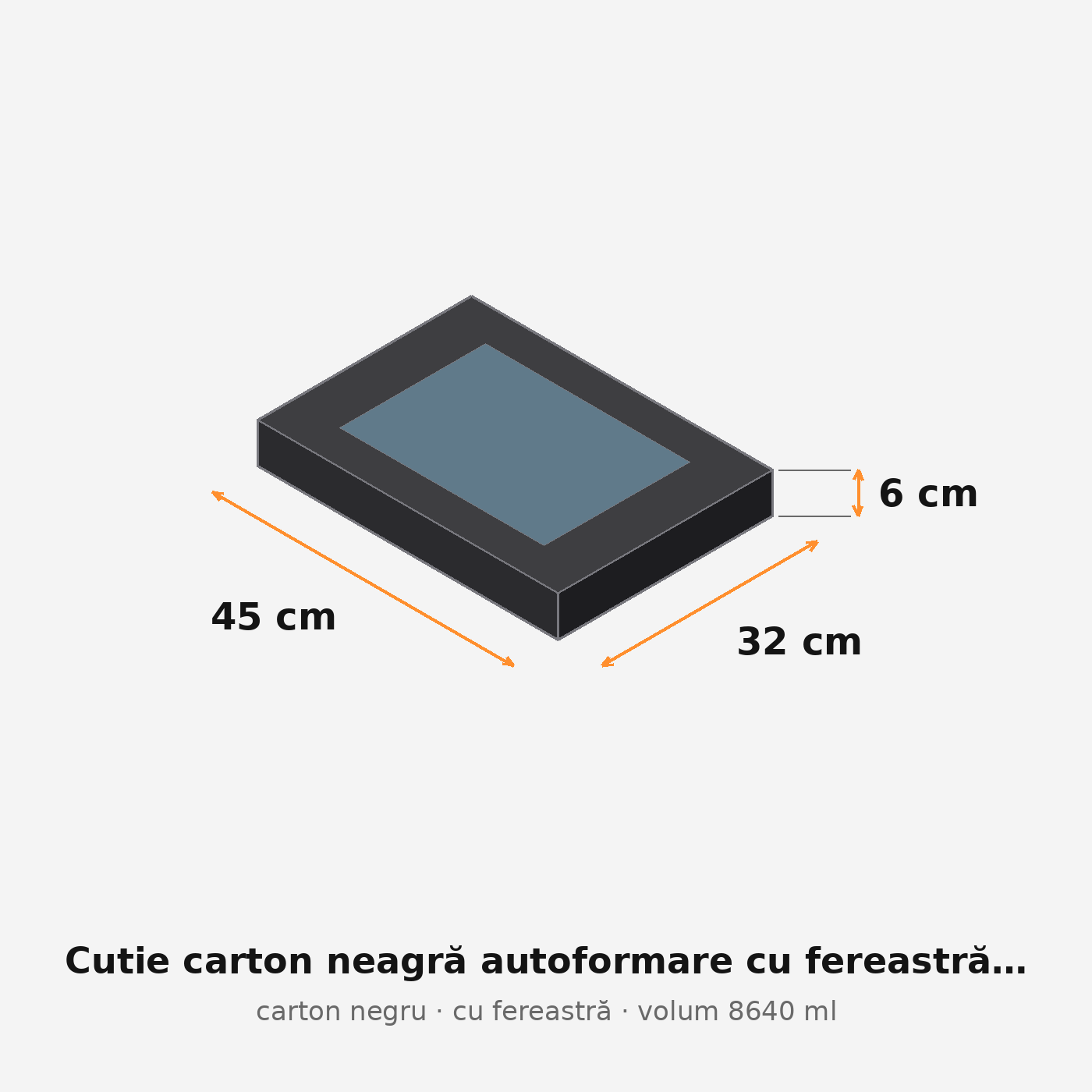 Cutie carton neagră cu fereastră, 45x32x6 cm – schemă cu dimensiuni