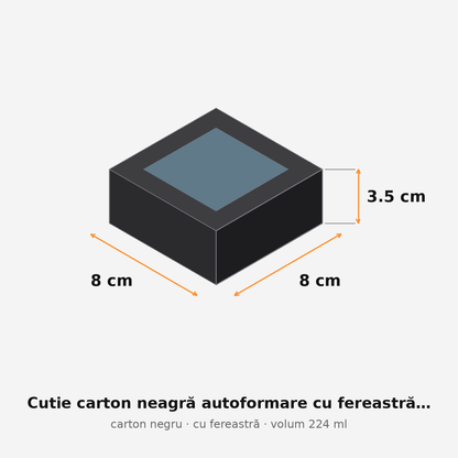 Cutie carton neagră cu fereastră, 8x8x3.5 cm – schemă cu dimensiuni