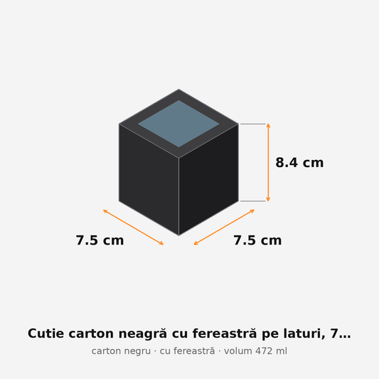 Cutie carton neagră cu fereastră, 7.5x7.5x8.4 cm – schemă cu dimensiuni
