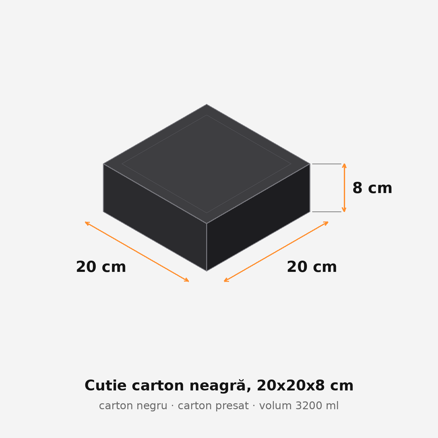 Cutie carton neagră, 20x20x8 cm – schemă cu dimensiuni