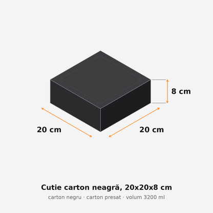 Cutie carton neagră, 20x20x8 cm – schemă cu dimensiuni