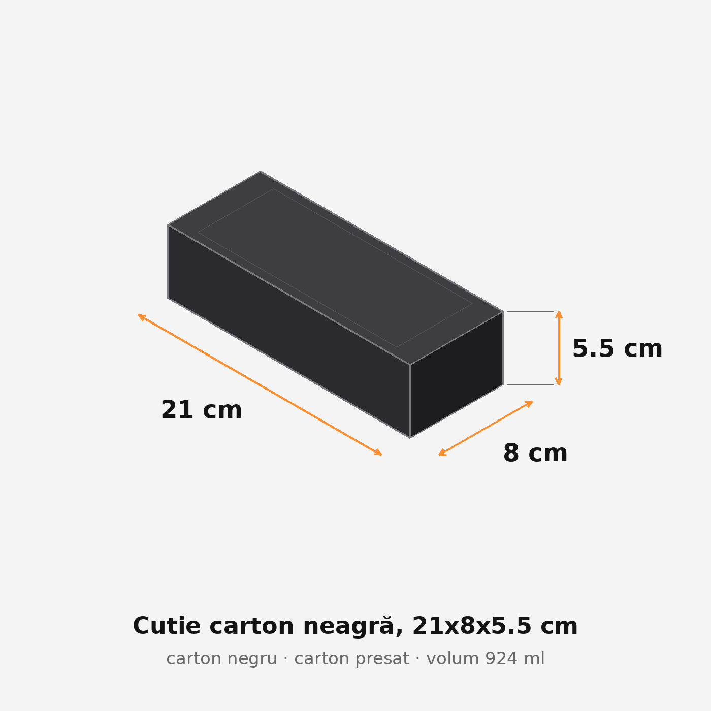 Cutie carton neagră, 21x8x5.5 cm – schemă cu dimensiuni