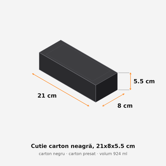Cutie carton neagră, 21x8x5.5 cm – schemă cu dimensiuni