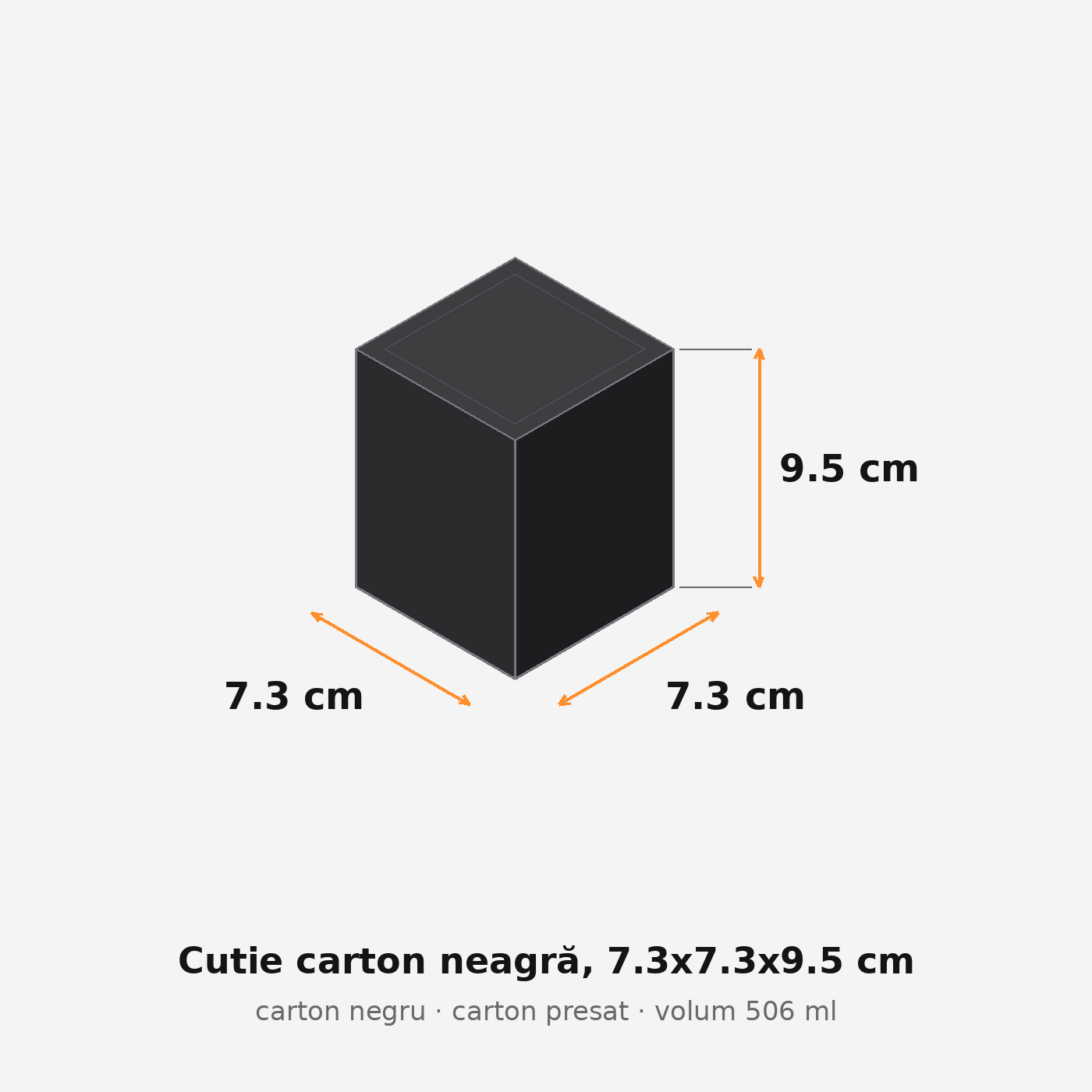 Cutie carton neagră, 7.3x7.3x9.5 cm – schemă cu dimensiuni