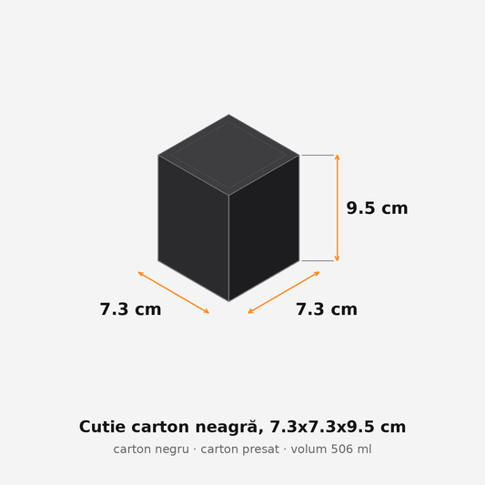 Cutie carton neagră, 7.3x7.3x9.5 cm – schemă cu dimensiuni