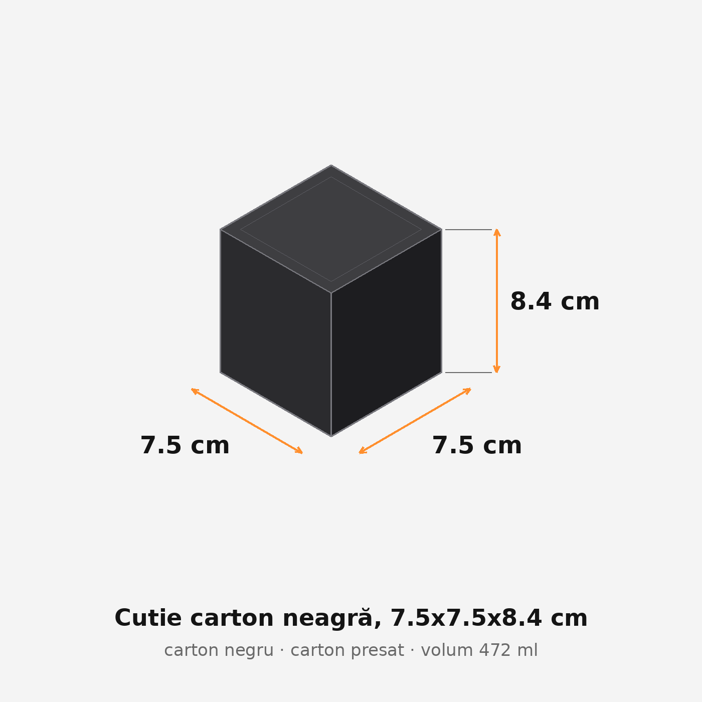 Cutie carton neagră, 7.5x7.5x8.4 cm – schemă cu dimensiuni